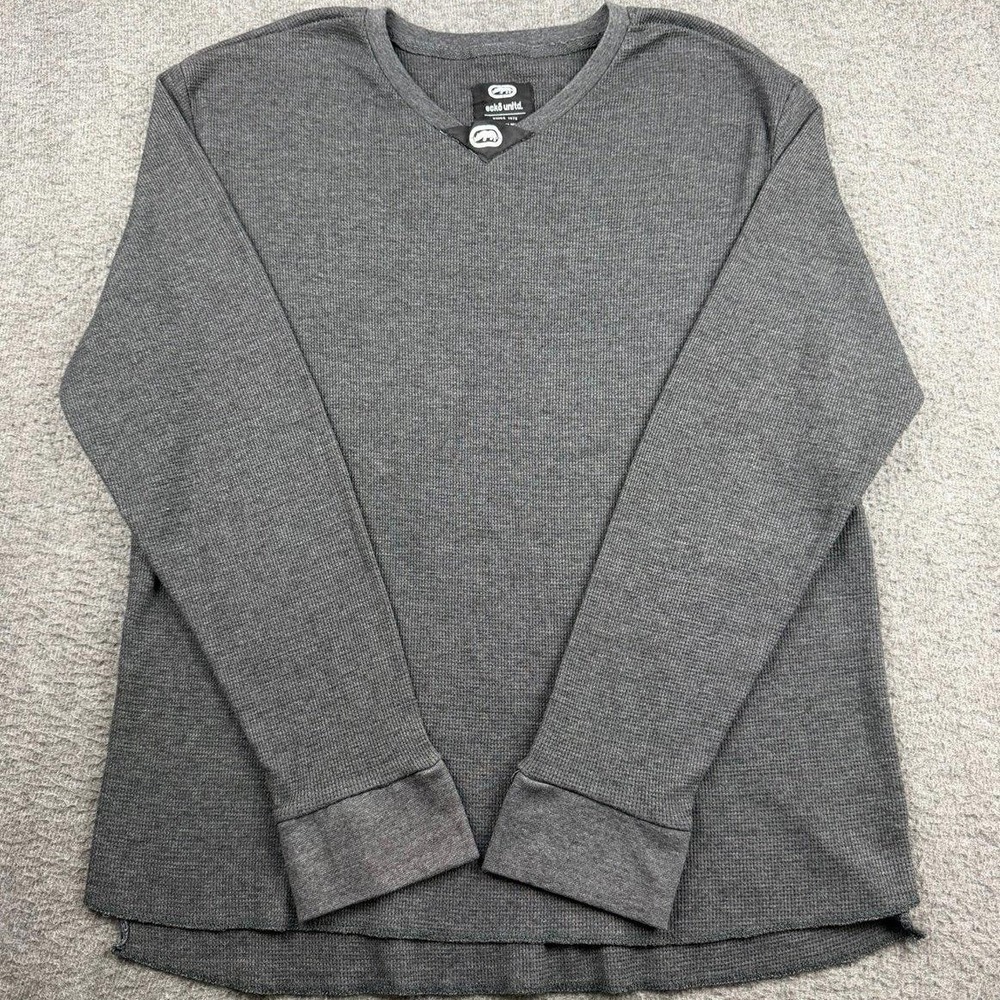 Ecko Unltd Men's 2XL Charcoal Gray Long Sleeve Waffle Knit Thermal V-Neck Shirt
